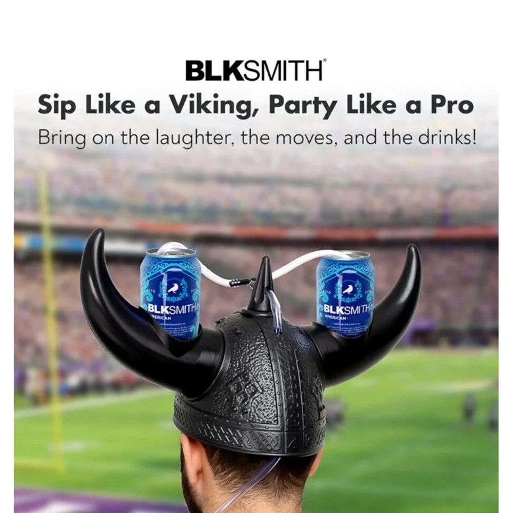 BLKSMITH Viking Beer Drinking Helmet Black Holds 2 12 Oz Cans - Picture 2 of 5